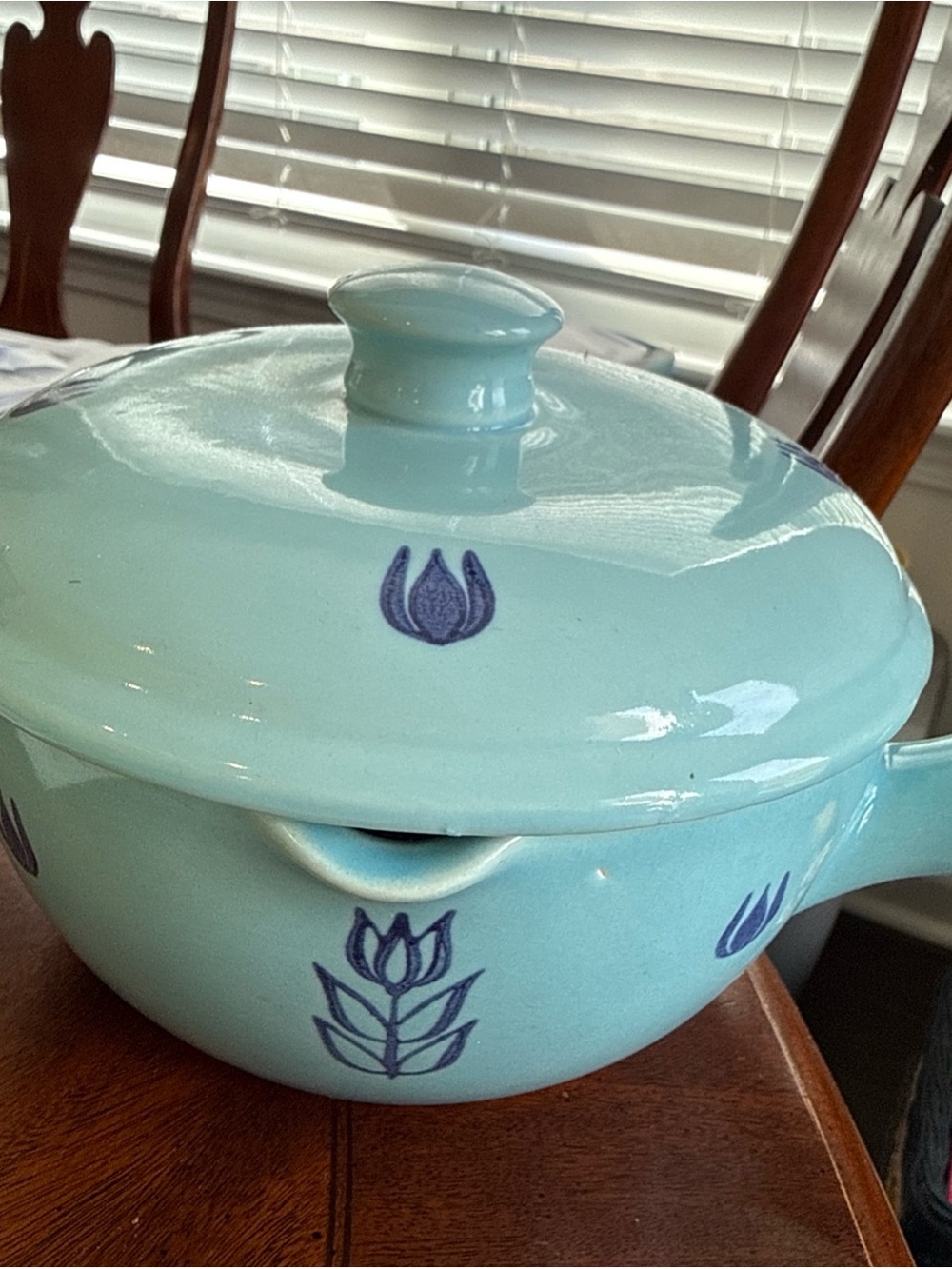 Vintage Mcm Cronin blue tulip  Ceramic  soup, sauce, and/or bean pot with lid.